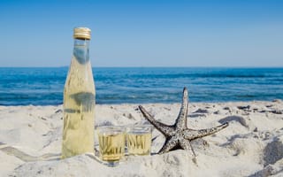 Картинка песок, лимонад, напиток, побережье, море, звезда