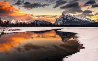 Картинка горы, пейзаж, снег, зима, закат, природа, озеро, отражение