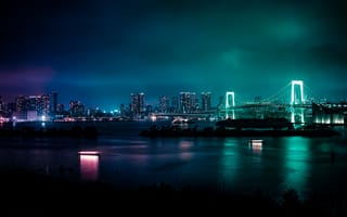 Картинка отражения, ночь, Япония, огни, мост, Токио, здания, небоскребы