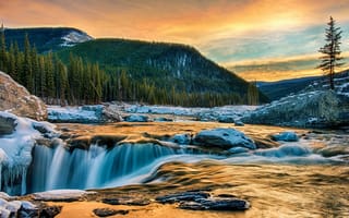 Картинка лес, горы, закат, Канада, река, природа, водопад