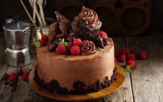 Картинка украшения, ягоды, шоколадный торт, торт, малина, крем, кексы