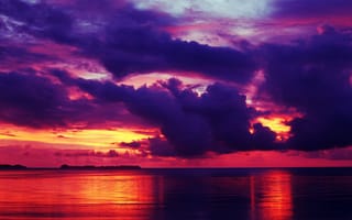 Картинка море, зарево, закат, облака, отражение, тучи, небо, горизонт