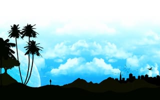 Картинка пейзаж, небо, город, человек, силуэт, профиль, облака, пальма