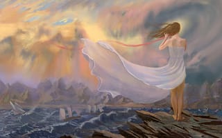Картинка девушка, лента, море, ожидание, корабли, платье, горы, ветер