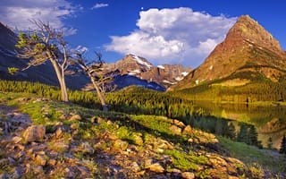 Картинка glacier national park, камни, деревья, небо, снег, горы, озеро, облака, трава, лес