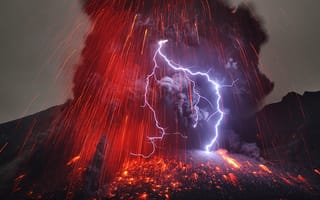 Картинка лава, пепел, вулкан, гроза, дым, огонь, стихия, молния