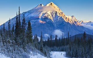 Картинка Alberta, закат, Banff National Park, деревья, снег, небо, горы, канада, дорога, ель, склон