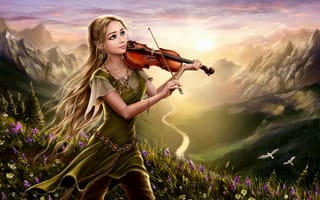 Картинка арт, горы, цветы, фэнтези, холм, девушка, птицы, природа, скрипка, река, рассвет