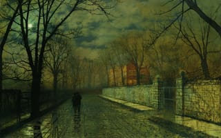 Картинка пейзаж, Figures in a Moonlit Lane after Rain, картина, John Atkinson, дом, пара, улица, деревья, луна, город, забор