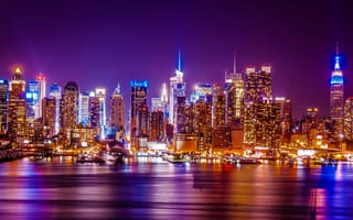 Картинка Hudson river, город, небоскребы, WTC, огни, city skyline, ночь, New York city, панорама, skyline, NY