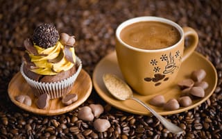 Картинка кофе, сахар, чашка, кекс, сердечки, шоколад, пирожное, крем, ложка