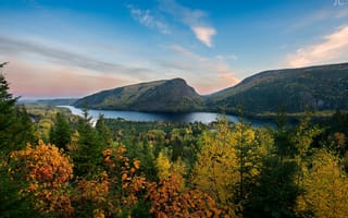 Картинка горы, лес, осень, деревья, озеро, природа
