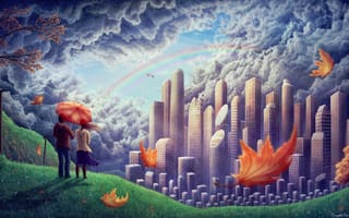 Картинка арт, пара, город, птицы, радуга, ветер, холм, девушка, листва, парень, облака