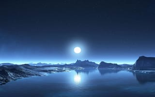 Картинка Луна, небо, вода, берег, горы, звезды