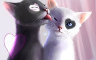 Картинка арт, сердечко, кошки, любовь, язык