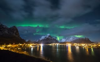 Картинка Норвегия, северное сияние, Лофотенские острова, ночь