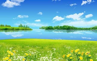 Картинка небо, трава, река, деревья, пейзаж, цветы