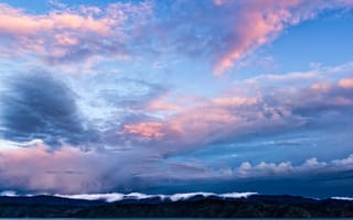 Картинка New Zealand, Веллингтон, облака, голубое, sky, горы, blue, вечер, mountains, Wellington, clouds, пролив, небо, evening, Новая Зеландия, bay