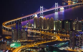 Картинка Республика Корея, освещение, здания, Кванан, ночь, пролив, огни, Пусан, город, дома, панорама, мост, подсветка, вид