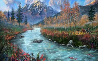 Картинка горы, костёр, рыбы, человек, арт, нарисованный пейзаж, камни, река