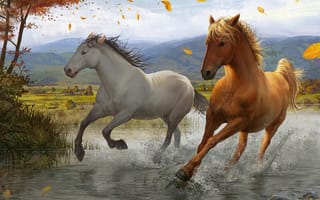 Картинка арт, ветер, лошади, брызги, листья, река, дерево, бег