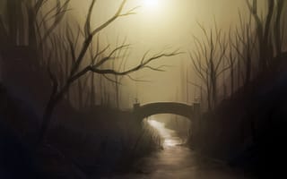 Картинка арт, нарисованный пейзаж, река, мост, деревья