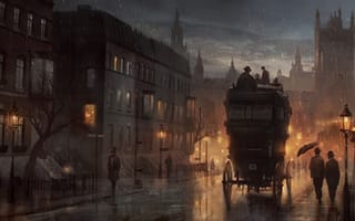 Картинка арт, экипаж, люди, ночь, фонари, улица, дома, дождь