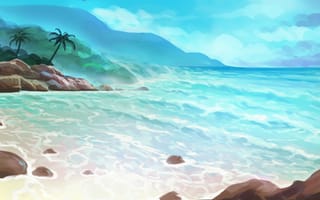 Картинка арт, пальмы, лето, нарисованный пейзаж, остров, море