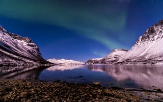 Картинка северное сияние, Фьорд Тромсё, Норвегия, ночь, зима