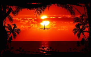 Картинка закат, Солнце, море, самолет, силуэт