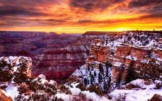 Картинка Grand Canyon, аризона, облака, снег, закат, сша, каньон, небо