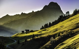 Картинка горы, утро, склон, домик, Альпы
