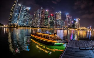 Картинка река, небоскрёбы, Singapore, лодка, Singapore River, Сингапур, здания, река Сингапур, ночной город, пристань