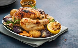Картинка курица, лук, onion, запеченная, картошка, potatoes, baked, chicken