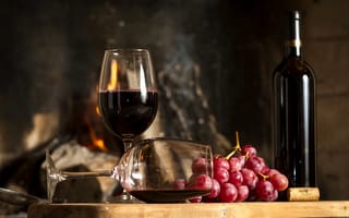 Картинка вино, виноград, бутылка, бокалы, красное, доска