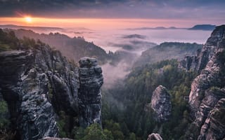 Картинка горы, скалы, лес, утро, восход, туман