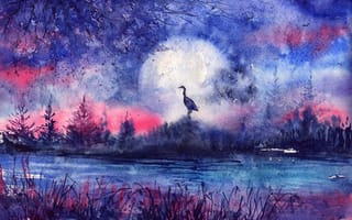 Картинка силуэт, нарисованный пейзаж, трава, дерево, закат, луна, птица, вечер, река