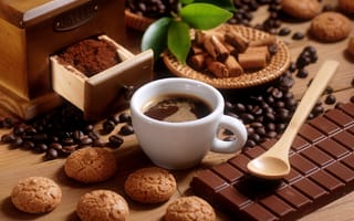 Картинка кофе, шоколад, чашка, листья, ложка, зерна, плитка, молочный, десерт, корица, печенье