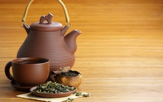 Картинка стол, напиток, блюдце, кружка, чайник, зелёный чай