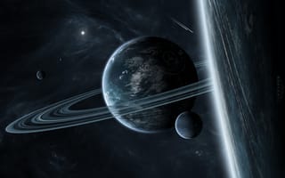 Картинка кольца, межзвездный газ, планеты, спутники, звездная система