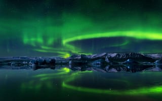 Картинка Исландия, вода, небо, зима, северное сияние, лед, звезды, льдины, ночь, снег, остров