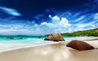 Обои tropical, пляж, ocean, солнце, берег, summer, камни, stones, тропики, остров, paradise, море, песок, beach, океан, coast, sea