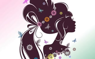 Картинка лицо, силуэт, волосы, цветы, бабочки, девушка, ресницы, профиль