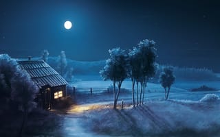 Обои ночь, дерево, дом, поле, луна