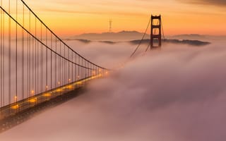 Обои мост, туман, закат, облака