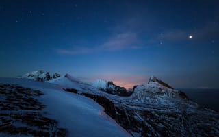 Картинка Норвегия, снег, море, скалы, ночь, звезды