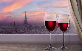 Картинка окно, Эйфелева башня, вечер, город, красное, занавеска, бокалы, подоконник, вино, Париж