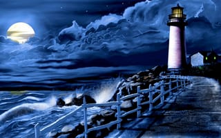 Картинка море, волны, дорожка, маяк, луна, прибой, облака, ночь