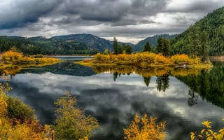 Обои осень, горы, отражение, озеро, Montana, Lake Alva, Озеро Альва, Монтана