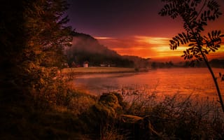 Картинка Норвегия, Rogaland, берег, закат, туман, Ругаланн, река